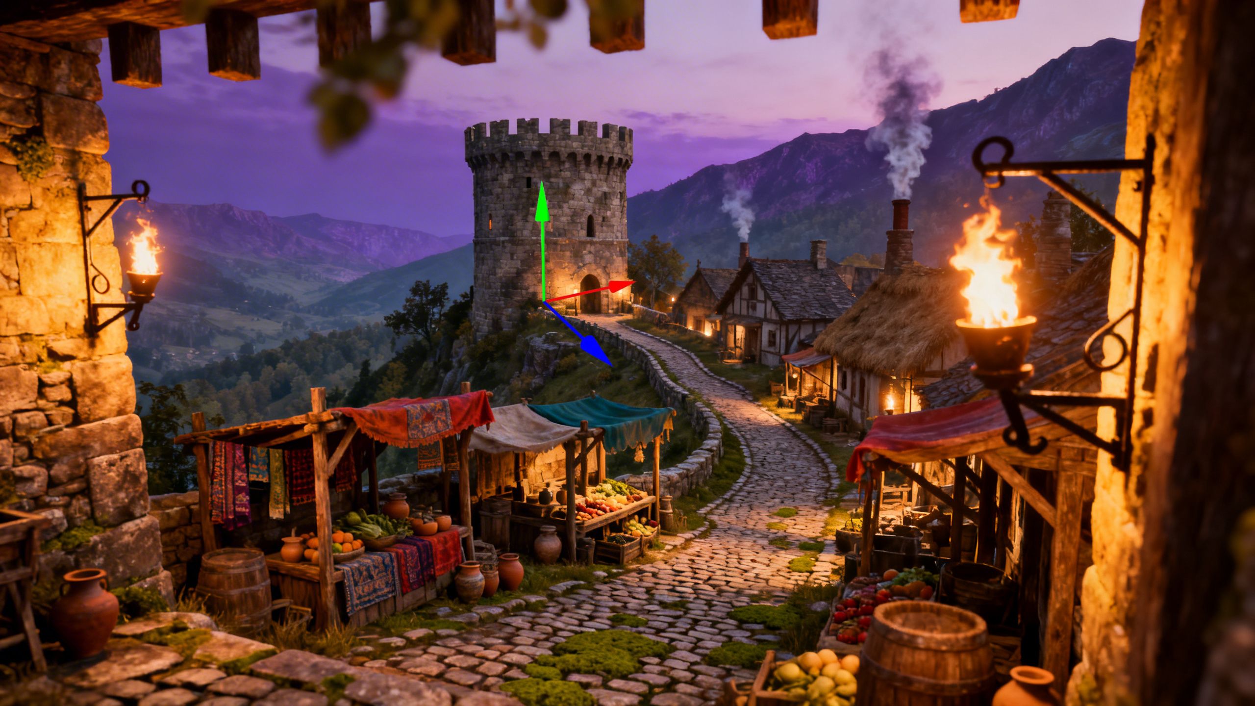 3D viewport showing a Japanese town street scene in editor mode